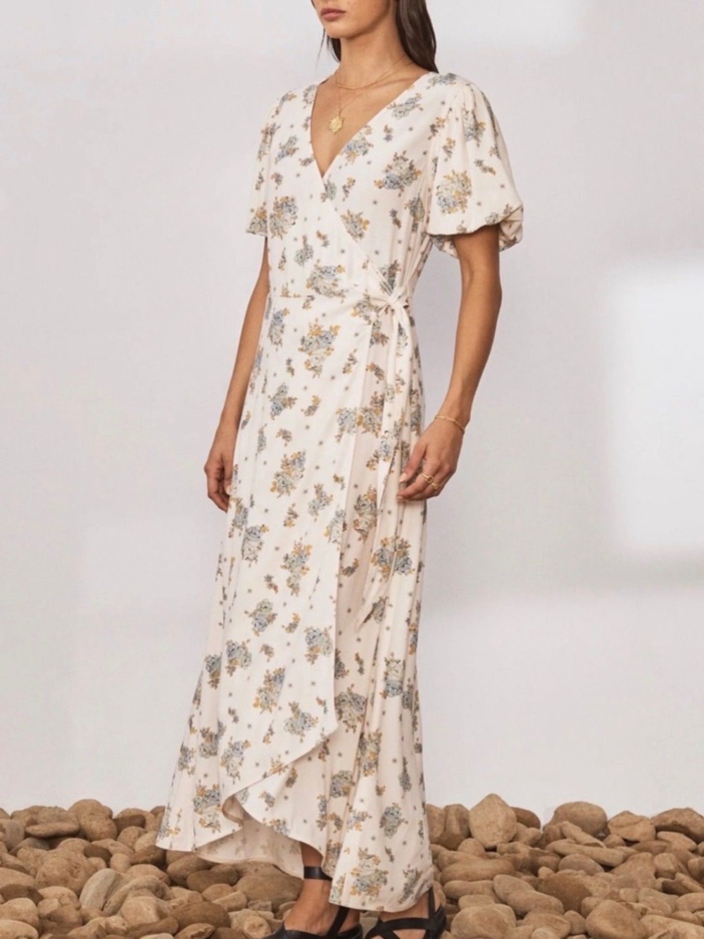 Sancia Emilia Dress Esra Floral Wrap Maxi Dress Size S Cream Blue Floral*68